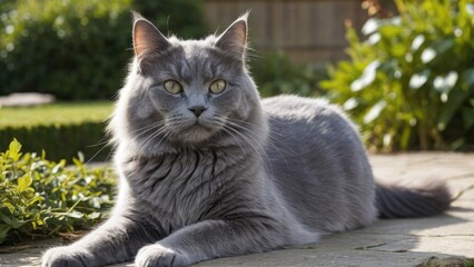 Obraz premium Blue british longhair cat lying outside in the garden