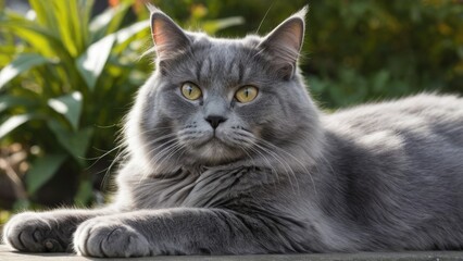 Fototapeta premium Blue british longhair cat lying outside in the garden