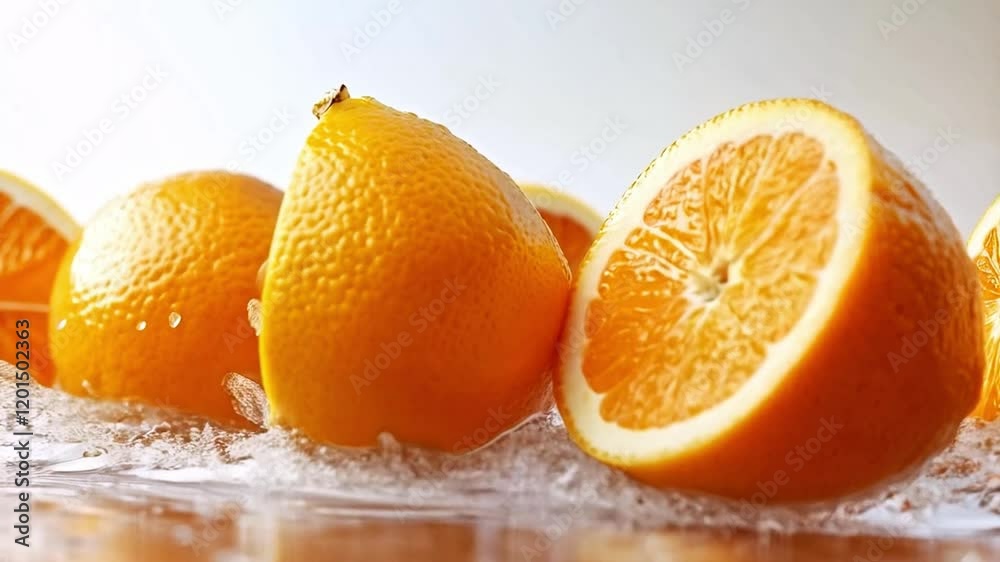 Aufkleber Fresh oranges are sliced and splashed with water, creating a vibrant scene of color and motion. The droplets catch the light, enhancing the lively display of juicy fruit.