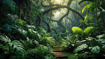 Fototapeta premium tropical rainforest with intertwined vines, towering trees, and dense foliage illuminated by soft sunlight, creating a magical and serene jungle environment