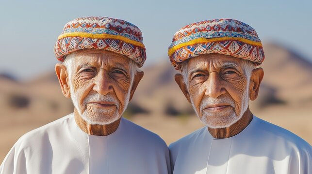 Serene Omani Elderly Twins in Traditional Attire Against Desert Landscape