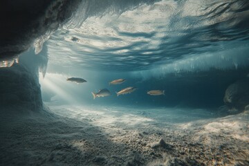 Underwater view of fish swimming beneath ice, showcasing the vibrant aquatic life in a hidden frozen world