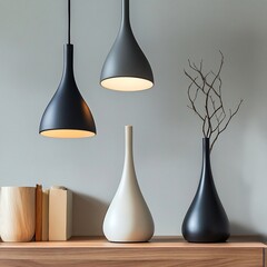 Modern minimalist home decor with pendant lights and vases.