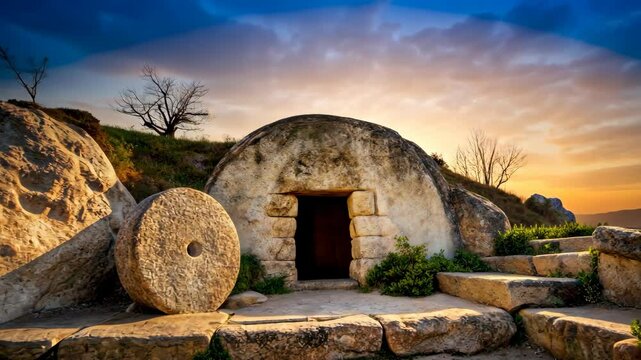 Empty tomb of Jesus Christ illuminated by rays of setting sun, Easter concept,  Resurrection of Jesus Christ, Symbol of Faith, Christian Celebration of Life and Hope