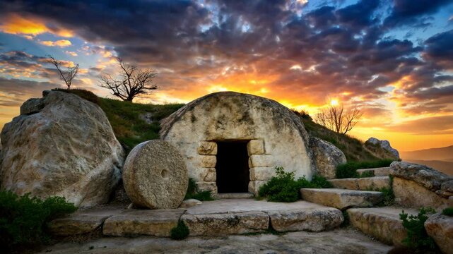 Empty tomb of Jesus Christ illuminated by rays of setting sun, Easter concept,  Resurrection of Jesus Christ, Symbol of Faith, Christian Celebration of Life and Hope