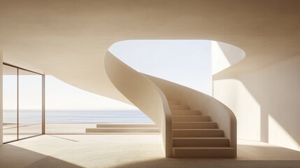 Naklejka premium Modern minimal spiral staircase in luxury seaside home with ocean view.
