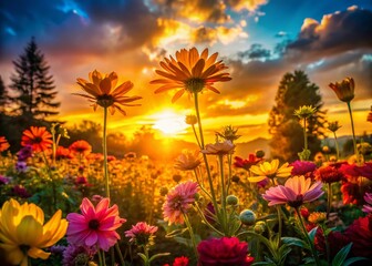 Fototapeta premium Silhouetted Flower Garden at Sunset - Dramatic Backlit Floral Scene