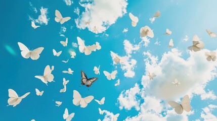 Numerous white butterflies flutter against a vibrant blue sky dotted with fluffy white clouds. One dark butterfly stands out amongst them.