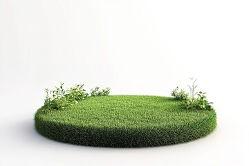 3D render of a round grass podium with green plants on a white background