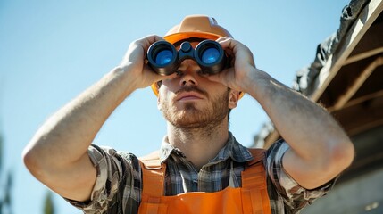 Construction worker using binoculars to survey a building site.