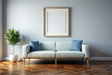 Naklejka premium Minimalist Empty Frame on White Wall Above Gray Sofa, Dark Parquet Floor, Natural Light