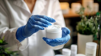 Scientist in gloves inspecting a skincare cream in a lab.