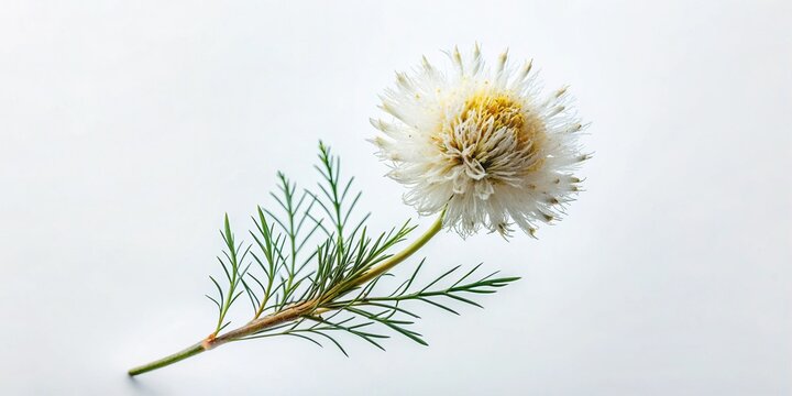 Minimalist Dried White Ozothamnus Rosmarinifolius Flowers on White Background
