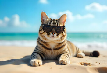 Playful tabby cat wearing stylish sunglasses relaxing on a sunny beach. Summer vacation concept
