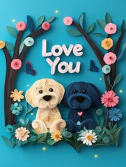 Quilled paper art of two dogs under a whimsical tree with colorful flowers and the text 'Love You' on a bright blue background.
