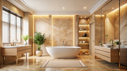 Fototapeta premium Modern Beige Bathroom Interior Design with Freestanding Tub & Ample Space