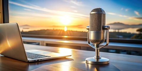 Modern Podcast Setup: Sleek Mic & Laptop on Scenic Landscape Background