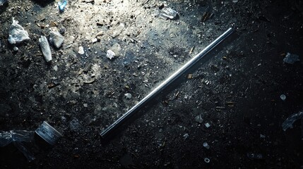 Metal straw surrounded by colorful plastic debris on a dark surface. Focus on environmental impact, sustainability, and waste reduction. Generative AI