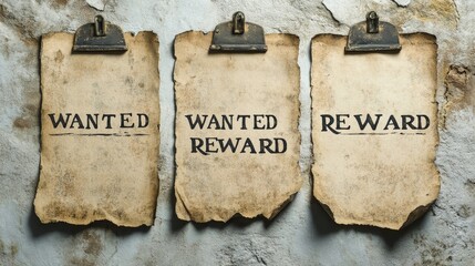 Three vintage wanted posters featuring blank text space with  wanted  and  reward  labels