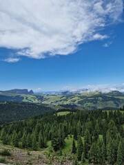Idyllic mountain valley view, Italian Dolomites, rolling green hills and lush forests under a clear blue sky, mountains in the distant