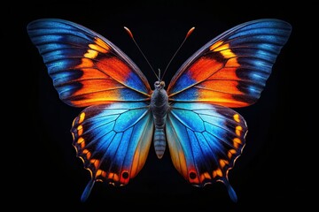 Fototapeta premium Silhouette of Blue and Orange Butterfly on Black Background - Stock Photo