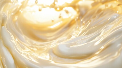 Creamy liquid swirling, light beige color, dynamic splash.
