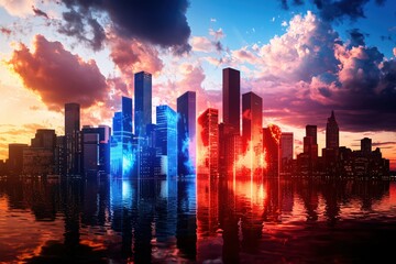 Obraz premium Dramatic Cityscape at Sunset with Red and Blue Hues Reflecting in Water