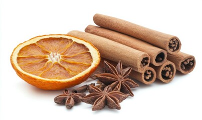 Dried orange slices, cinnamon and star anise isolated on white