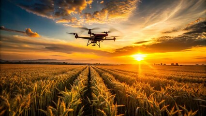 Silhouette of Agricultural Drone Spraying Wheat Field - Smart Farming Technology