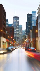 Naklejka premium City Street with Modern Buildings, Traffic Lights, and Cars in Motion Blur at Twilight