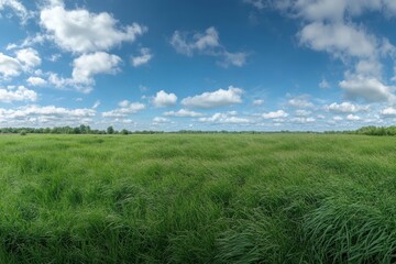 Obraz premium Stunning panoramic view of a lush green grass field beneath a blue sky with fluffy clouds