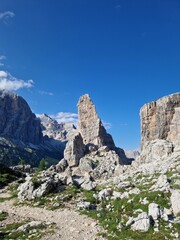 Climbing in Cinque Torri, Dolomites, Italy. Five towers and rock formations close to Cortina d'Ampezzo, attracting tourists and adventure seekers