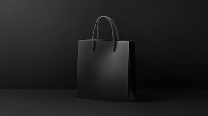 Black paper shopping bag mockup on a black background.