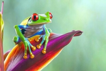 Naklejka premium A vibrant image of a poison dart frog perched on a leaf, its bright colors warning of toxicity. 