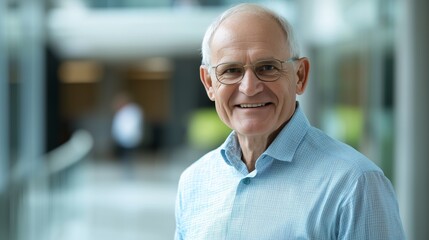 Fototapeta premium Smiling elderly man with glasses in a modern indoor setting, wearing a light blue shirt and exuding friendliness.