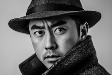 Black-and-white portrait of an Asian detective wearing a hat and coat. 
