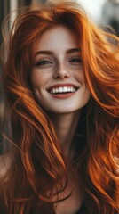 Fototapeta premium Woman with red hair and a bright smile outdoors in evening light, radiating elegance and charm.