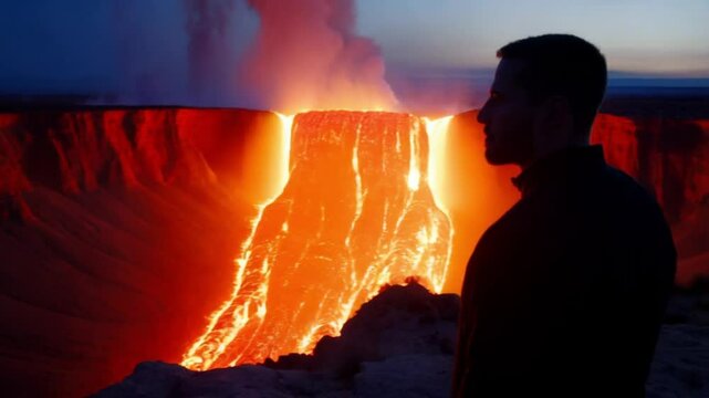 volcano eruption, lava flow, silhouette, observer, night sky, glowing magma, dramatic landscape, red and orange hues, smoke plume, geological phenomenon, awe-inspiring, nature's power, fiery spectacle