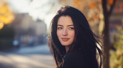 Naklejka premium Woman with long black hair smiling in golden autumn light outdoors, radiating beauty and elegance.