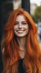 Fototapeta premium Woman with red hair and a bright smile outdoors in evening light, radiating elegance and charm.
