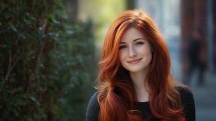 Obraz premium Young woman with red hair and freckles smiling brightly in an urban street with blurred lights in the background.