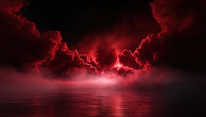 Red cloud background, red smoke and fog on the ground, dark background