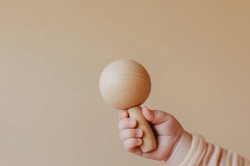 A baby's delicate hand holds a wooden rattle, showcasing a minimalist design against a smooth beige backdrop. Soft shadows enhance the simplicity and elegance of the moment