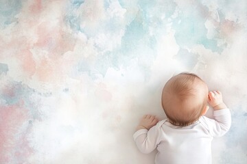 A baby rests on a smooth surface, dressed in a cozy onesie, surrounded by an abstract watercolor backdrop in soft pastel hues, ideal for artistic presentations and invitations