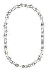Rusty Metal Frame: A round frame made from rusty metal wire with sharp, barbed edges.