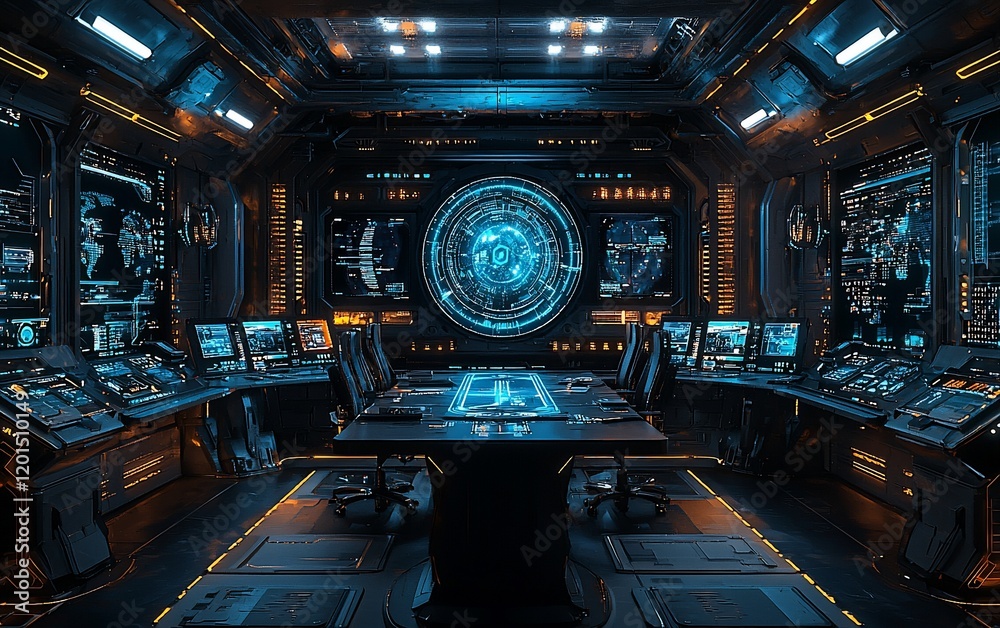 Poster futuristic spaceship bridge with holographic displays and control panels.
