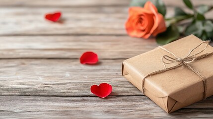 Romantic gift package with rose and hearts cozy home setting still life