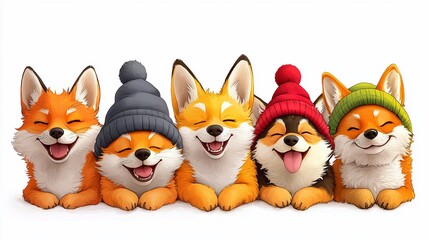 Naklejka premium Playful foxes posing in hats whimsical illustration bright white background