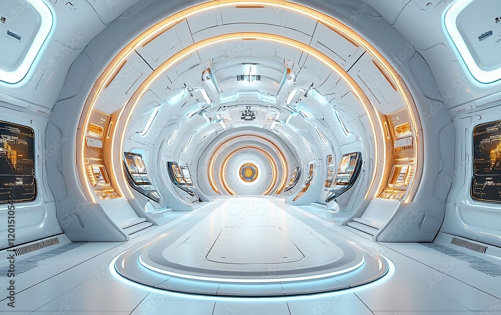 Poster futuristic spaceship corridor with glowing lights and circular design.