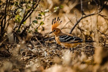 A vibrant scene of a hoopoe bird foraging on the ground, displaying its crest.